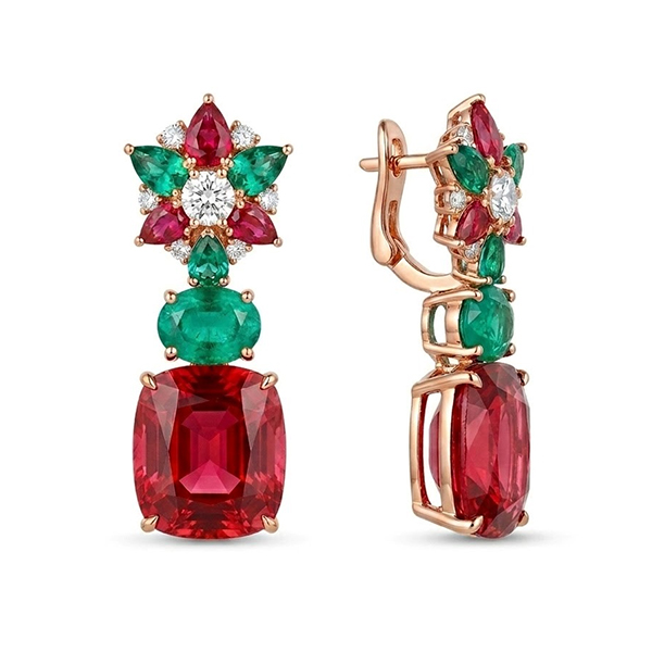 18K Rubellite Emerald Diamond Drop Earrings